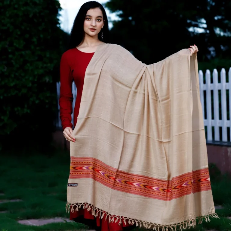Handmade Angora Wool Shawl - Kullu Pattern, Cream