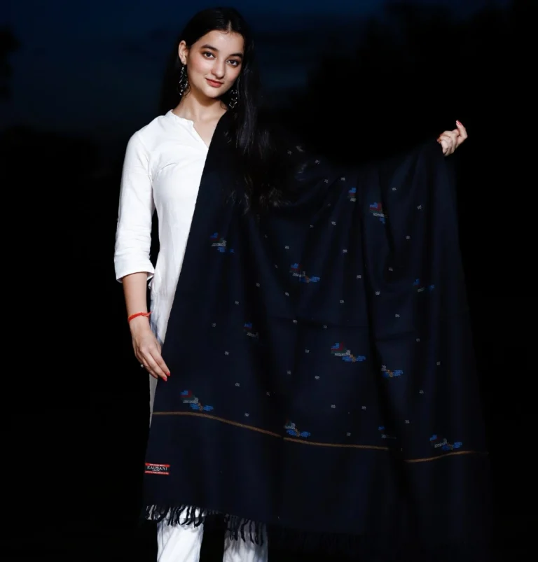 Handmade Pure Merino Wool Shawl - Black Kullu Pattern with Kamal Booti