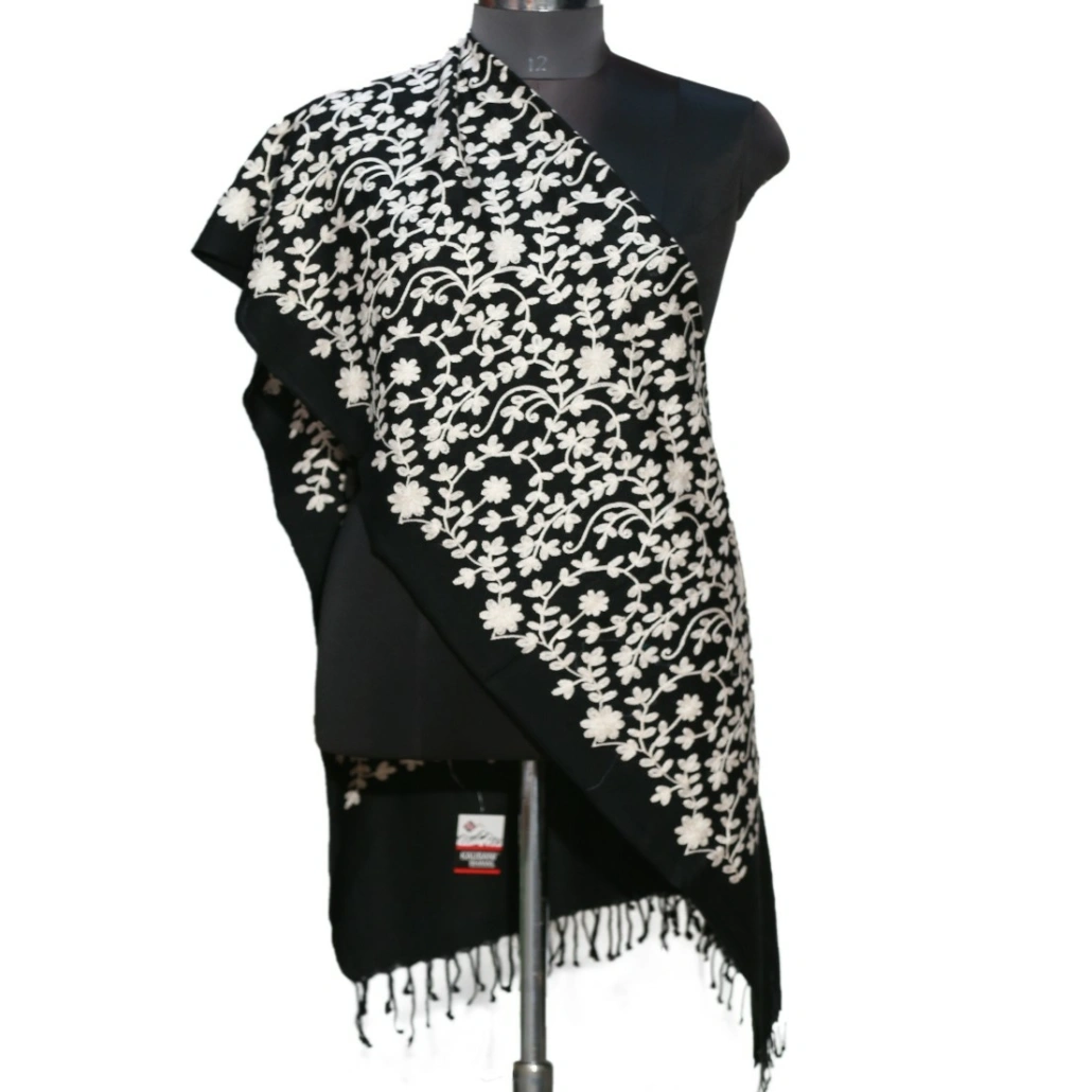 Handmade Pure Merino Wool Stole - Black with White Embroidery
