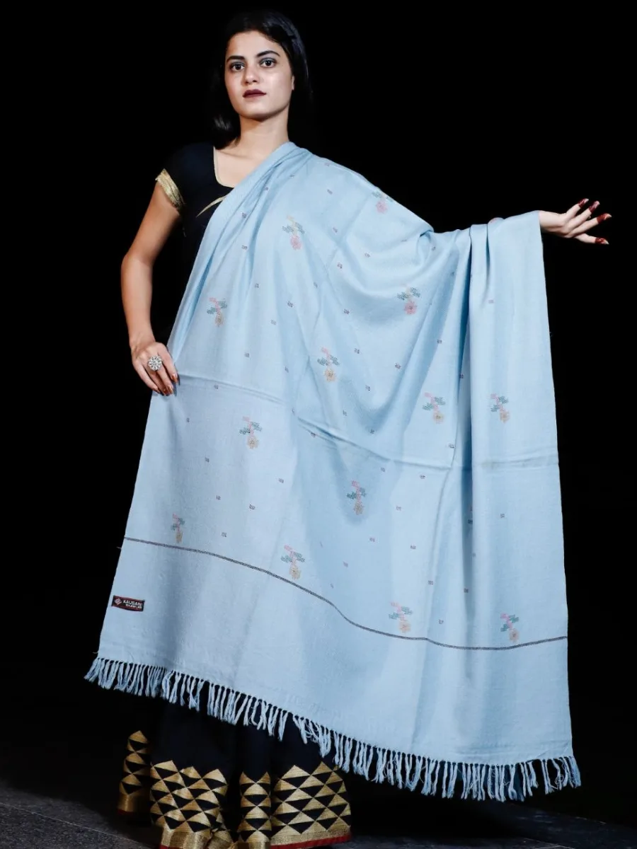 Shawl Pure Merino Flower booti Kullu Pattern Sky Blue